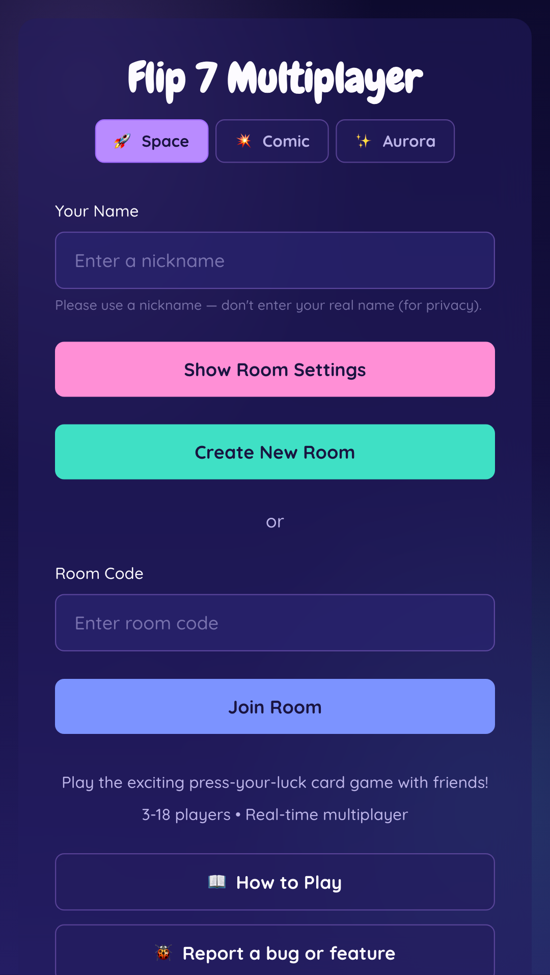 Flip 7 home screen — create or join a room