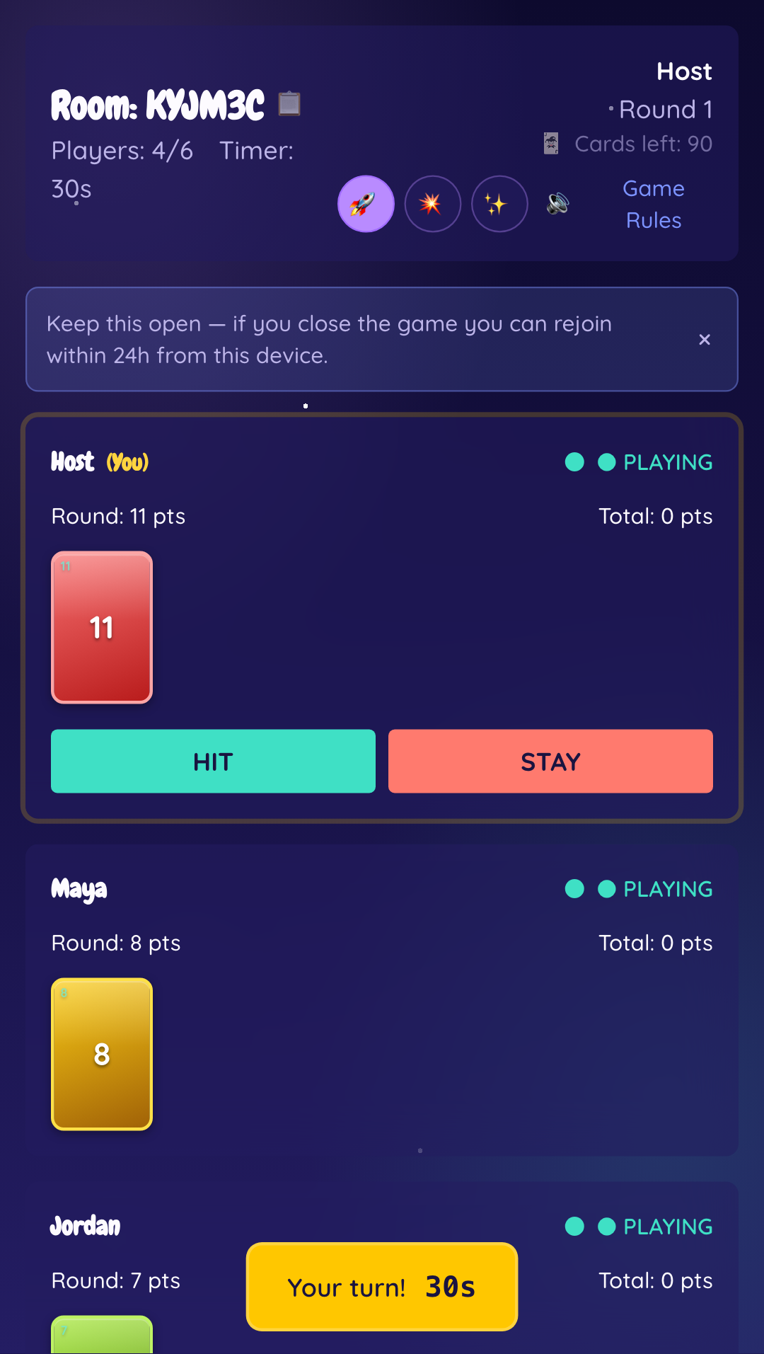 Flip 7 game room — cards in play