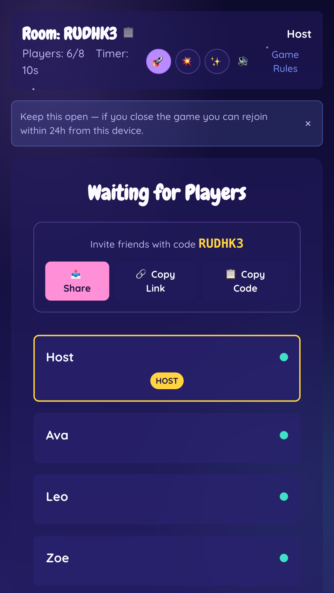 Share and copy-link controls in the waiting room