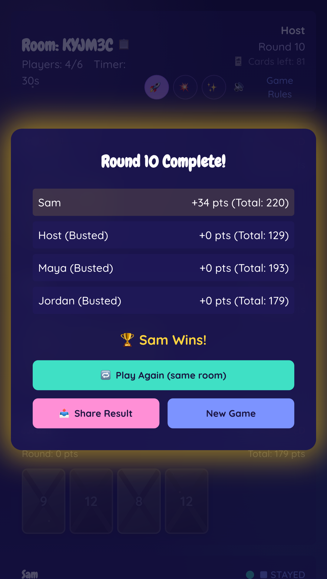 Win screen with the Share Result button